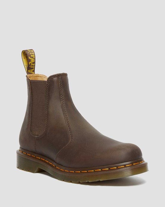 Dámské Chelsea Boty Dr Martens 2976 Yellow Stitch Crazy Horse Læder Tmavě Hnědé | CSYGJ-1752