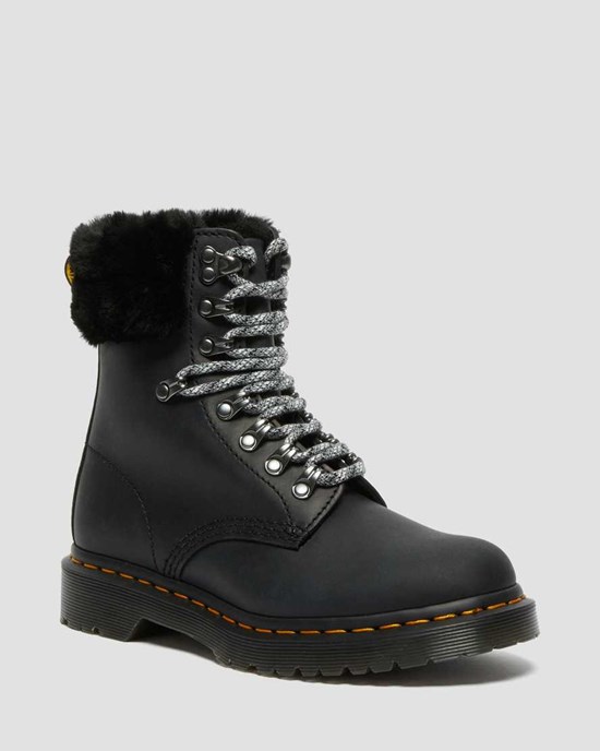 Dámské Šněrovací Boty Dr Martens 1460 Serena Collar Faux Fur Podšité Černé | ETBGU-3804